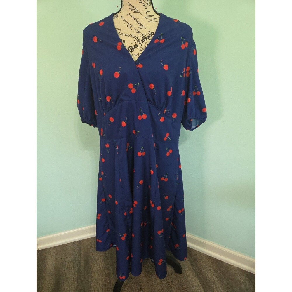 eshakti cherry print dress empire waist v neck short Sleeve plus size 18 w 1x